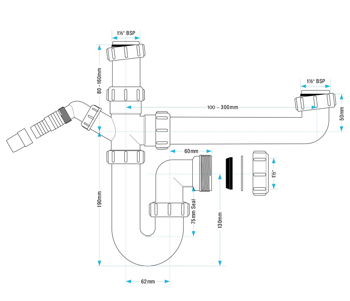 Bowl & Half Kitchen Sink Waste Trap Standard Kit Set - 40mm Standard Waste Pipe Connection