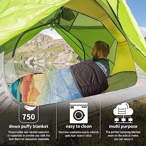 Outdoor Puffy Camping Blanket, Lightweight Down Alternative Puffy Printed Camping Large Ultra Warm Hammock Top Quilt Waterproof Blanket for Traveling Picnic Beach Party Cold Weather (Sunset)