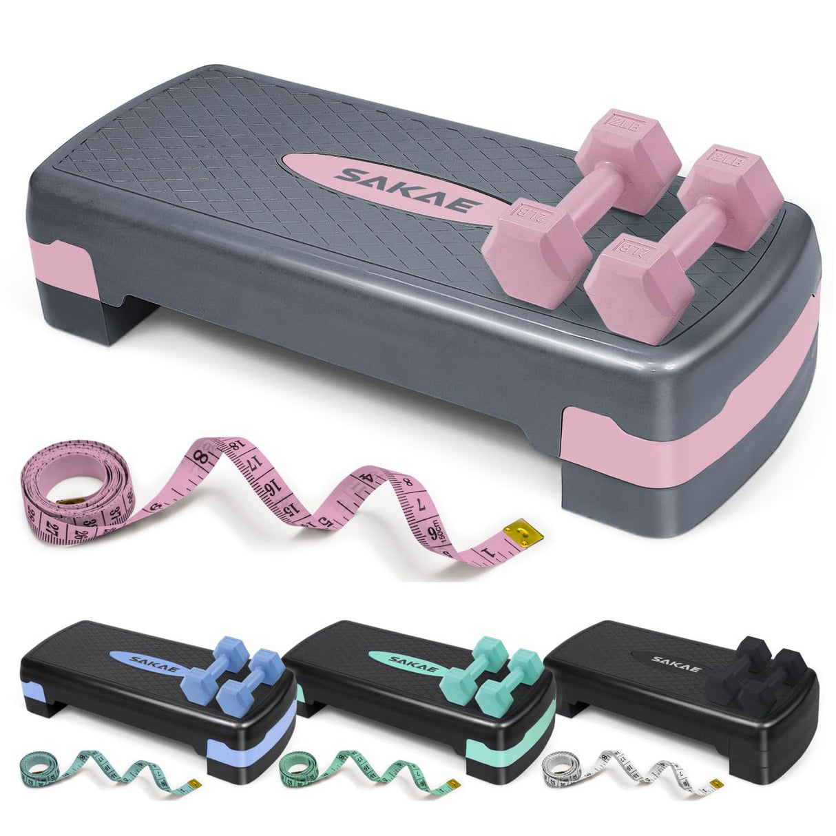 Aerobic Stepper Set with Dumbbells & Measuring Tape, Adjustable Height 2 Level Risers Workout Exercise Step Platform, Pink Grey, the Ultimate Gift for a Joyful Holiday and Merry Christmas