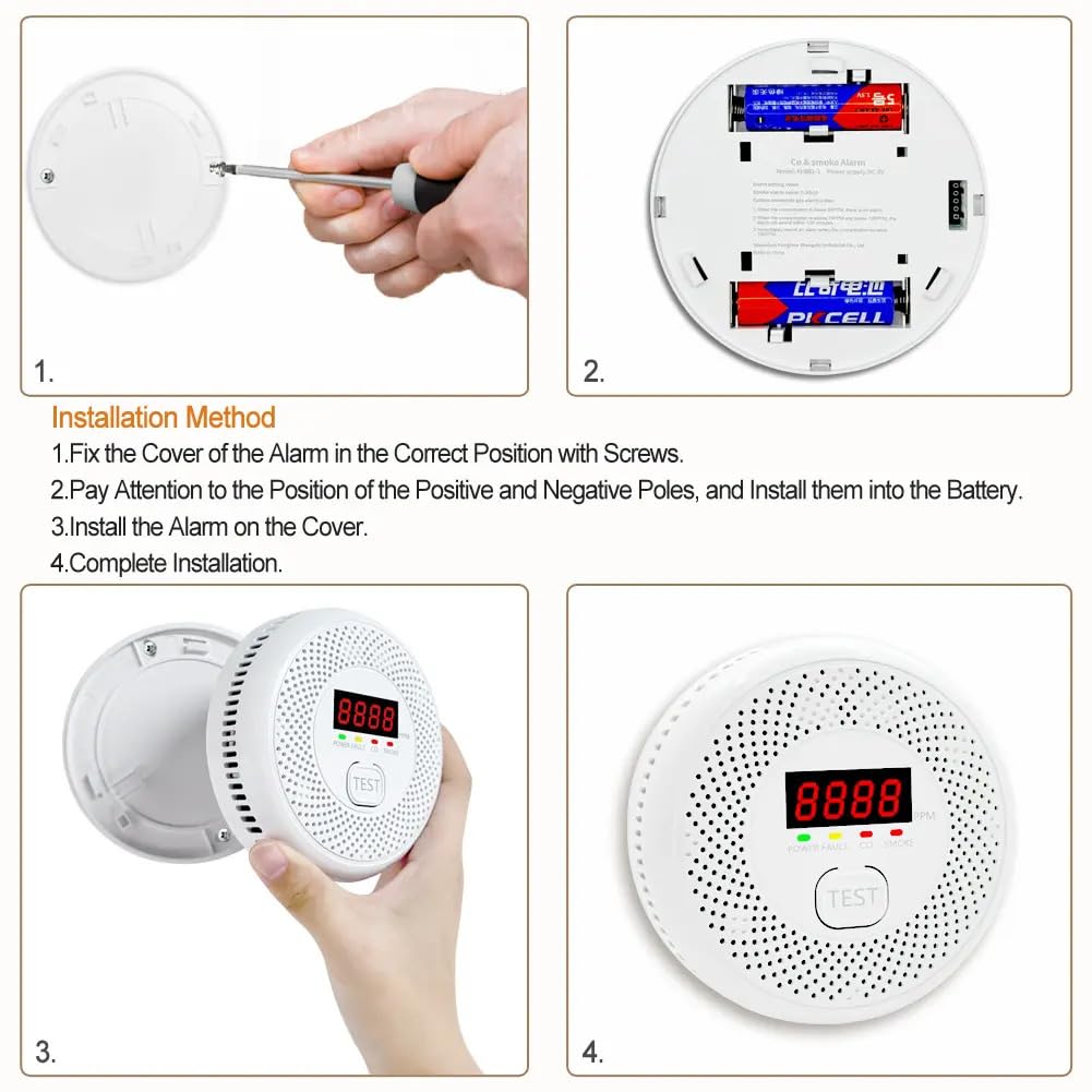 High Definition Color Screen Detector LCD Powered by Carbon Monoxide Detector and Smoke Alarm Battery (excluding Battery) (Compact Design, 4Pack-CO&Smoke)