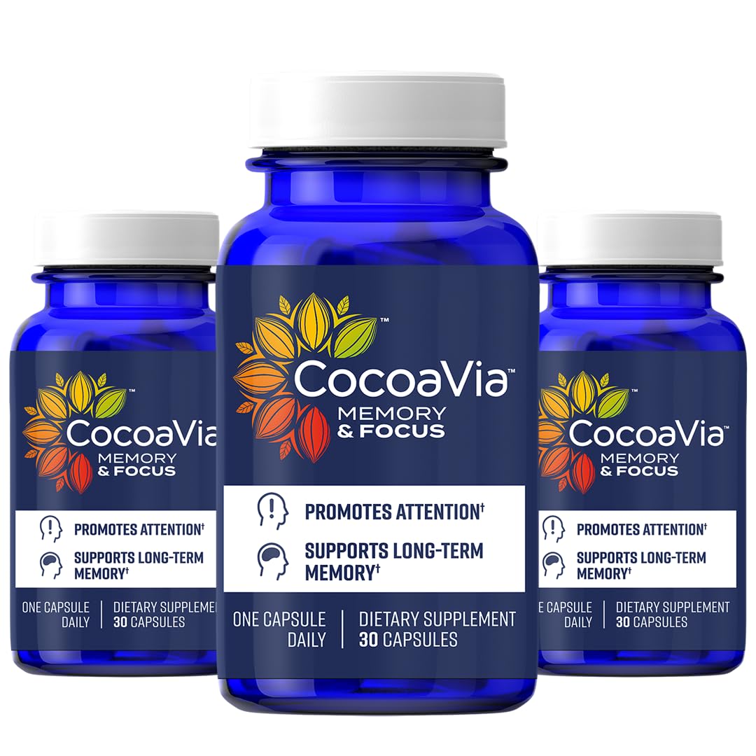 CocoaVia Memory & Focus Brain Supplement, 90 Day, Cocoa Flavanol Blend, Lutein, Added Caffeine for Boost. Improve Cognitive Function, Attention, Vegan & Plant Based, 90 Capsules