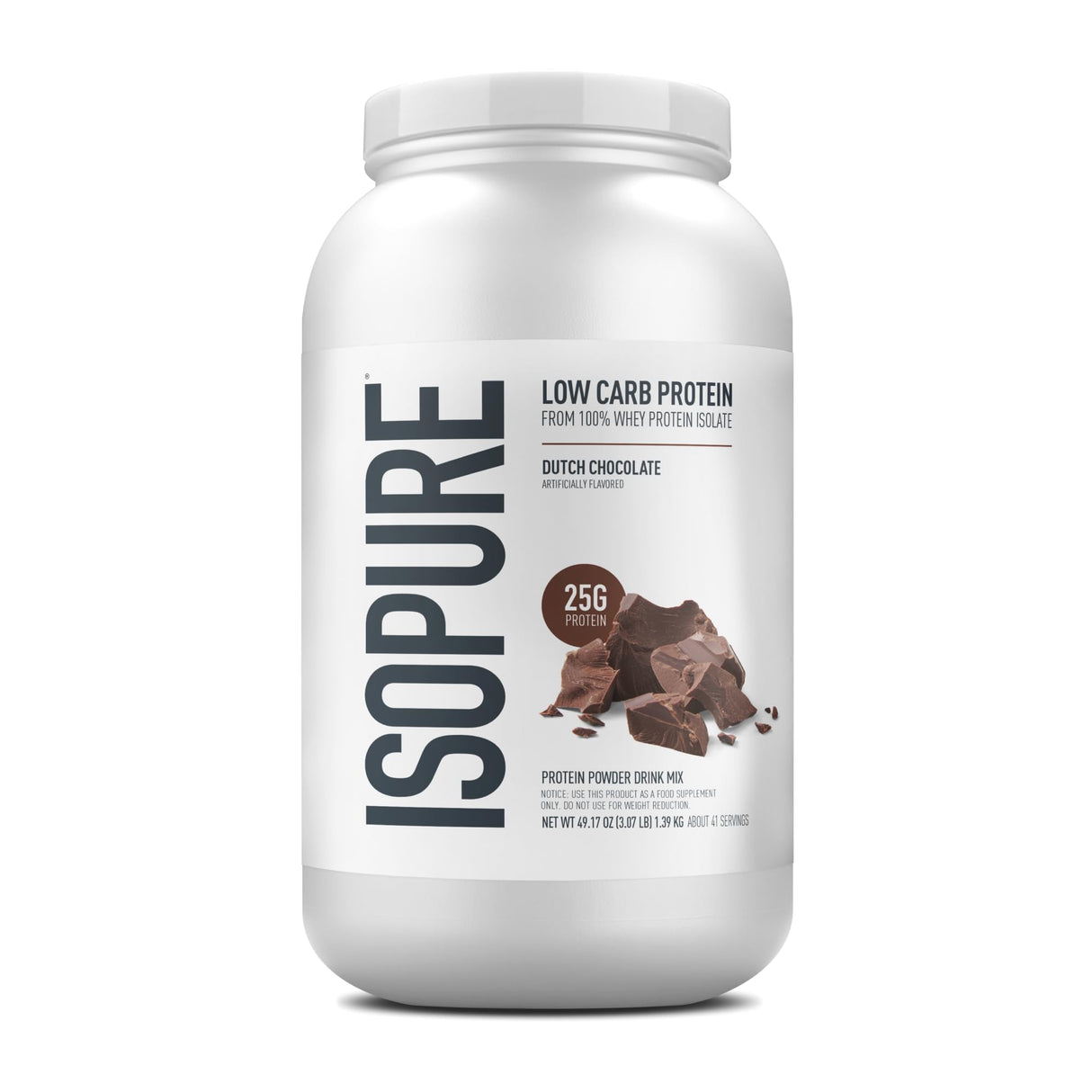 Isopure Low Carb 100% Pure Whey Isolate Protein Powder, Lactose Free, Gluten Free, With Vitamins, Dutch Chocolate, 25g Protein Per Serving, 3 Lbs, 41 Servings (Packaging May Vary)