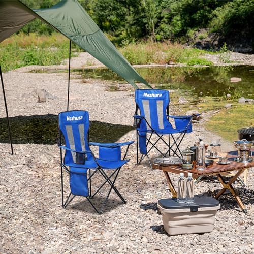 Nazhura 2 Pack Outdoor Camping Chairs Folding/Foldable/Portable with Cooler Pouch, Mesh Backrest and Cup Holder Pocket (Blue, 2 Pack)