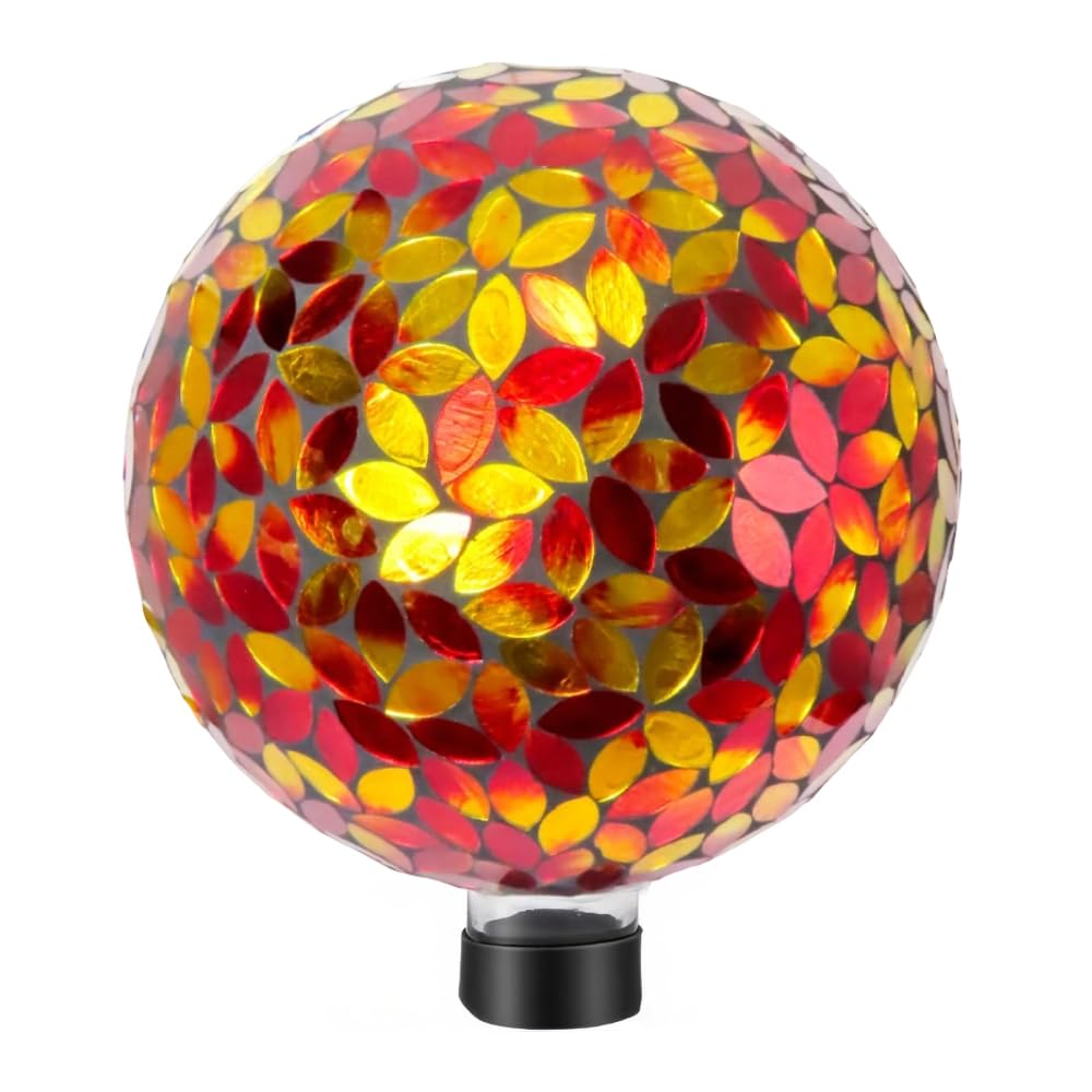 Lily's Home Colorful Mosaic Glass Gazing Ball, Designed with a Stunning Holographic Petal Mosaic Pattern to Bring Color and Reflection to Any Home and Garden, Red and Gold (10" Diameter)