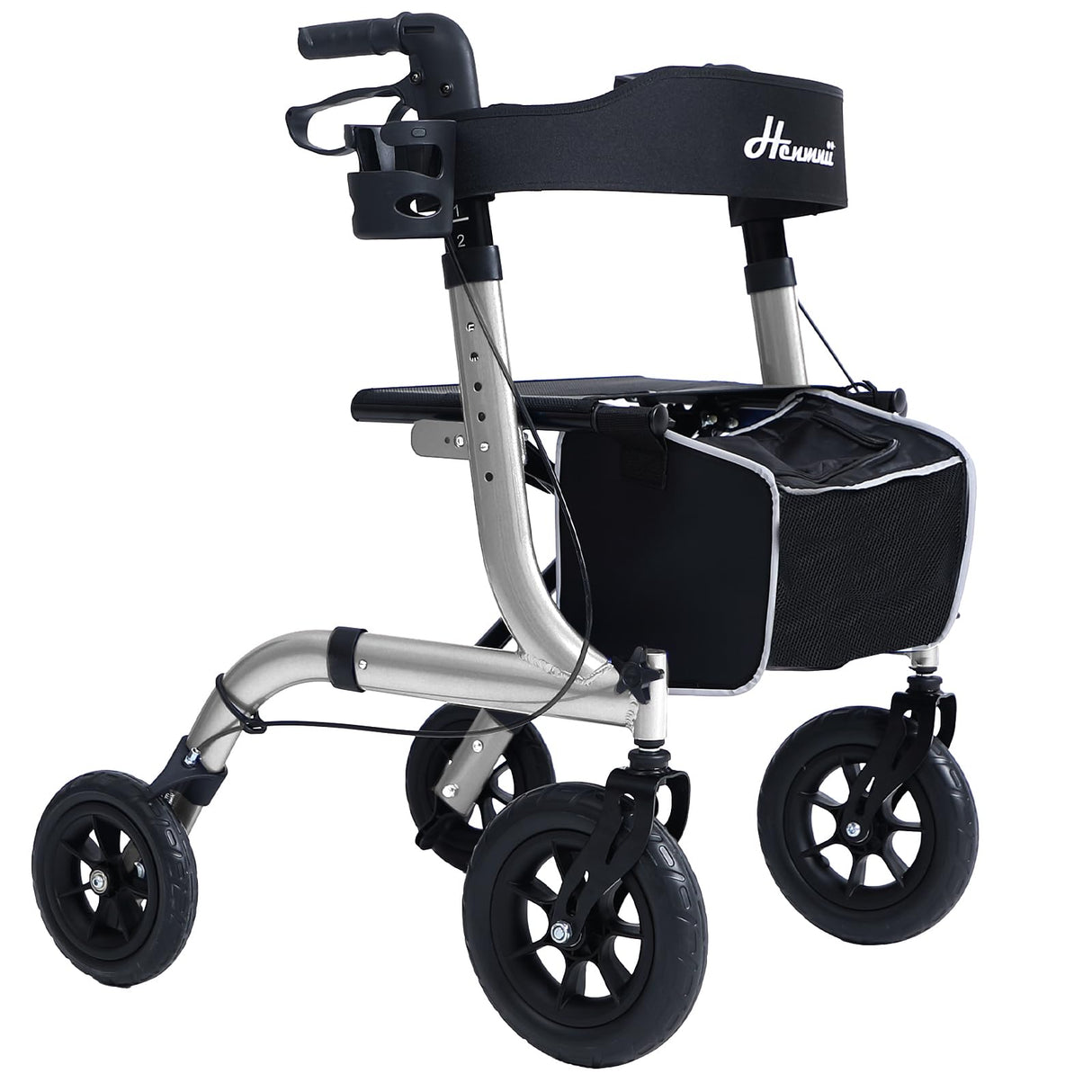 Henmnii Rollator Walker for Seniors, Lightweight Foldable All Terrain Rolling Walker with seat, Aluminum Walkers with 10 inch Rubber Wheels, Handles and Backrest for Seniors and Adult
