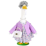 JcHrmers Old Lady Porch Goose Outfits Grandma Goose Clothes Old Lady Floral Goose Costume with Curly Wig Necklace Bag Fits 23" Geese Statue for School Lawn Patio Yard Garden Decor (Purple)