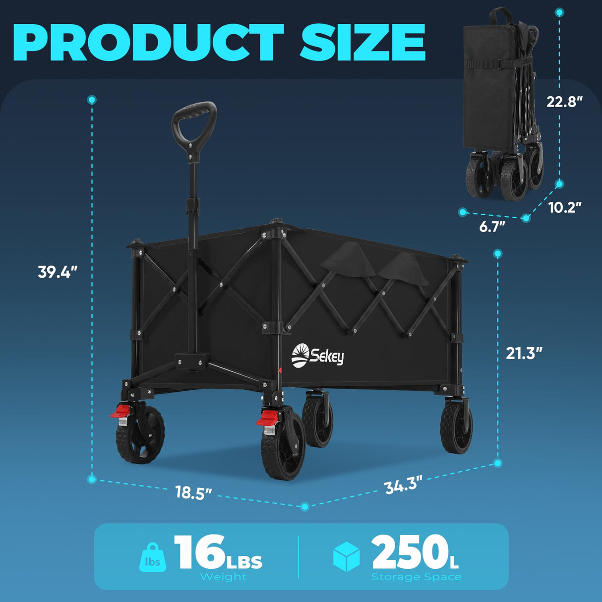 Sekey Collapsible Foldable Wagon with 300lbs Weight Capacity, Heavy Duty Folding Wagon Cart with Big All-Terrain Wheels.Black
