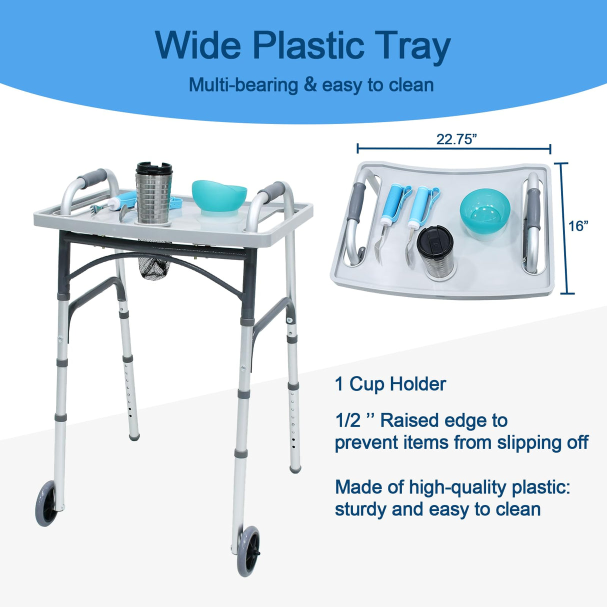 Loyoda Foldable Walker with Tray，Lightweight Folding Walker with 5" Wheels Height Adjustable Aluminum Standard Walkers for Seniors up to 350 lbs