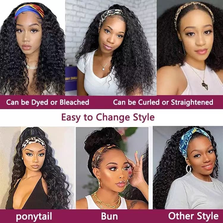 Lauberita Headband Wig Human Hair Wigs 18 Inch Wear and Go Glueless Wig Curly Deep Wave Headband Wig Natural Color