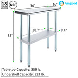 AmGood 14 in. x 36 in. Stainless Steel Work Table | Metal Kitchen Food Prep Table | NSF
