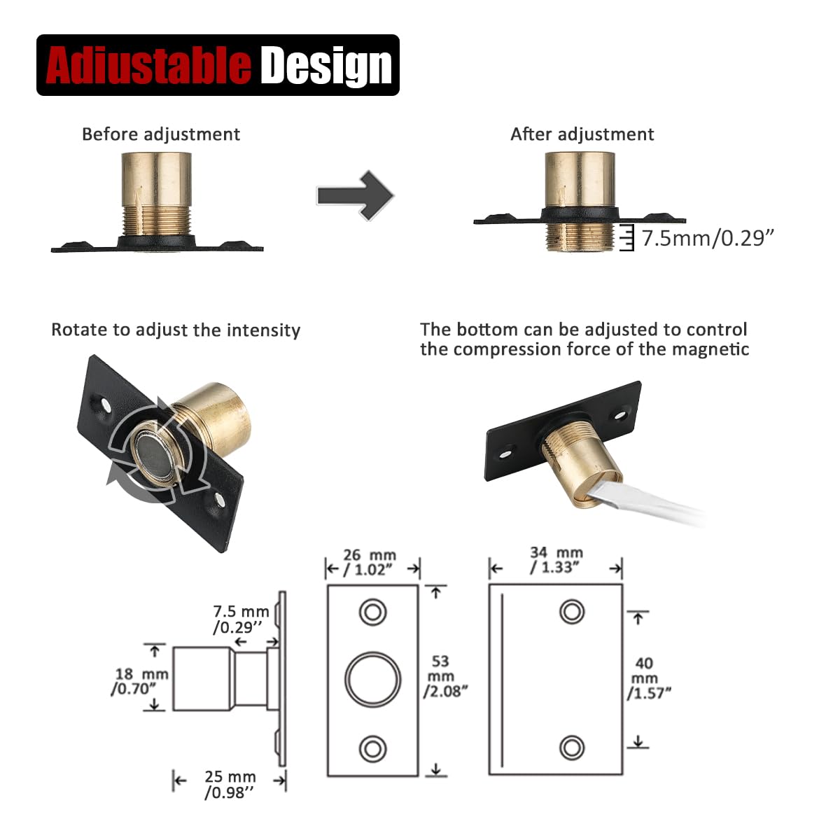 JQK Closet Magnetic Door Ball Catch Hardware, 430 Stainless Steel Catch Adjustable with Strike Plate, Black Finish 4 Pack, HBC120-BK-P4
