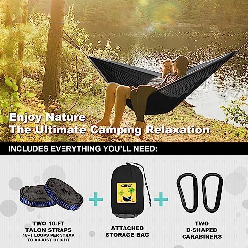 SZHLUX Camping Hammock Double & Single Portable Hammocks with 2 Tree Straps, Great for Hiking,Backpacking,Hunting,Outdoor,Beach,Camping,Black / Grey