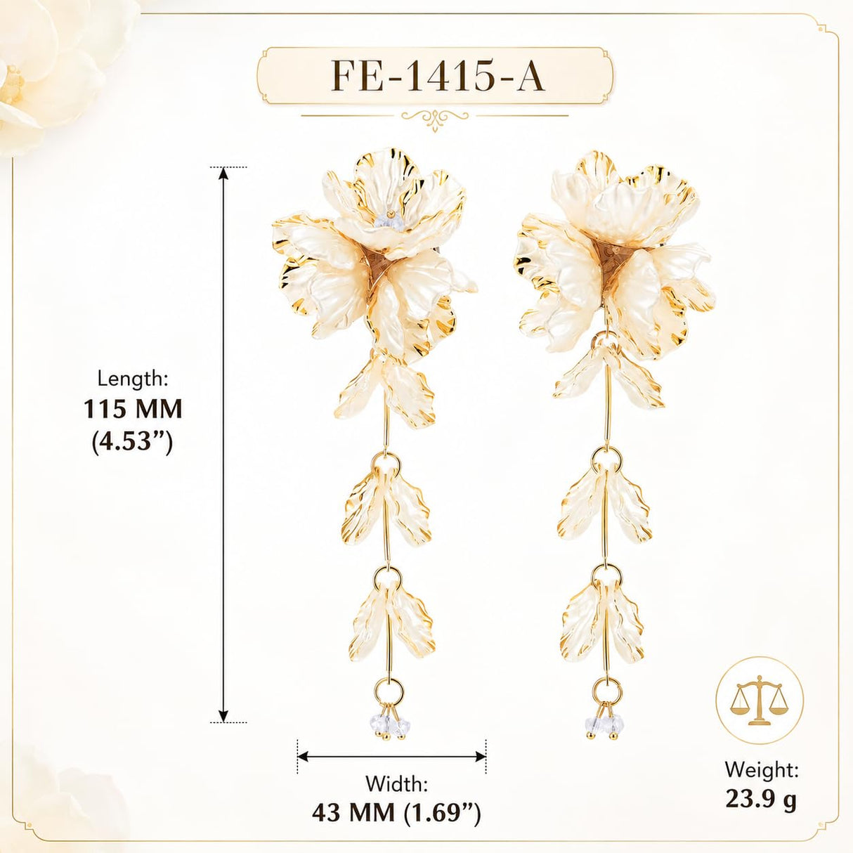 Women's Cream Floral Dangle Earrings, Large Pearlescent Flower Statement, Botanical Leaf Tassel Jewelry, Romantic Bohemian Accessory, Gift for Her