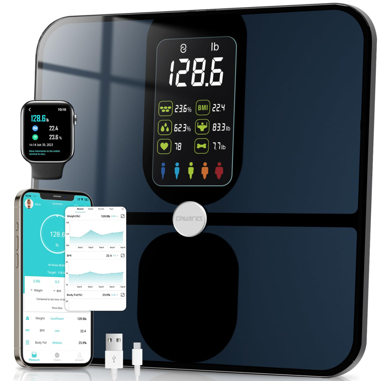 CHWARES Scale for Body Weight, Scale with BMI Body Fat Muscle Mass Rechargeable Large Display Smart Digital Bathroom with 15 Metrics Composition Analyzer for Heart Rate 400lbs, Black