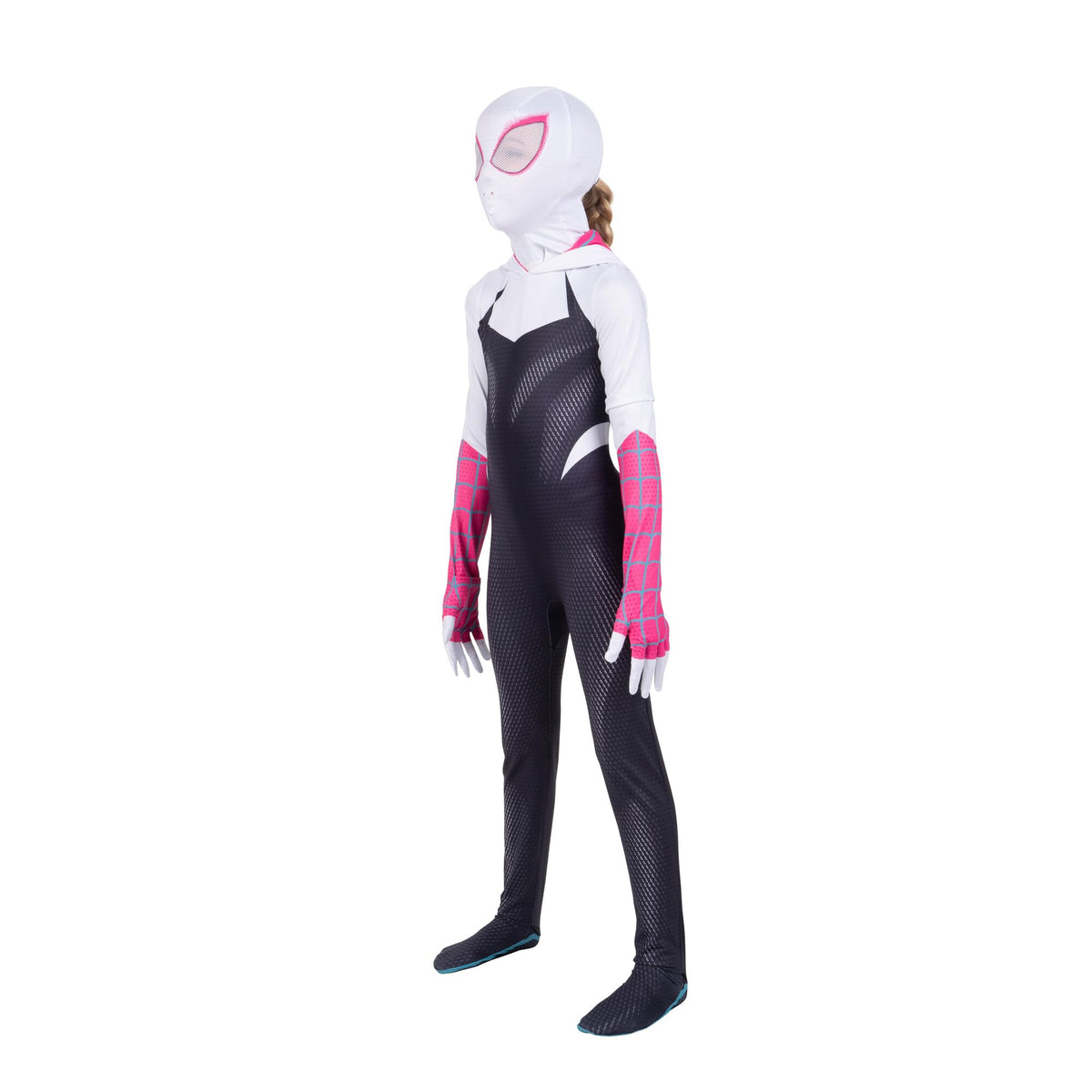 MARVEL Spider-Gwen Official Youth Zentai Halloween Costume - Hooded Spandex Jumpsuit with Printed Design and Pull On Spandex Mask (M)