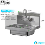 AmGood Stainless Steel Wall Mount Hand Sink with Faucet and Left Sidesplash 17" x 15" | NSF Commercial Hand Washing Basin For Restaurant, Kitchen and Home | Bowl Size: 10" x 14"