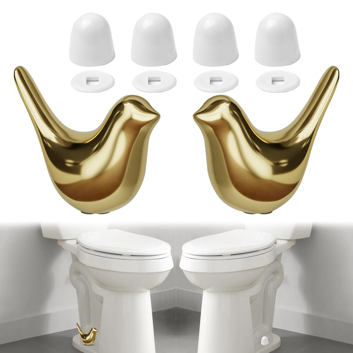 MENNTY 2Packs Ceramic Gold Birds Toilet Bolt Caps & 4Packs Universal Toilet Bolt Covers, Bathroom Decorative Toilet Floor Screw Cover Caps Easy Installation