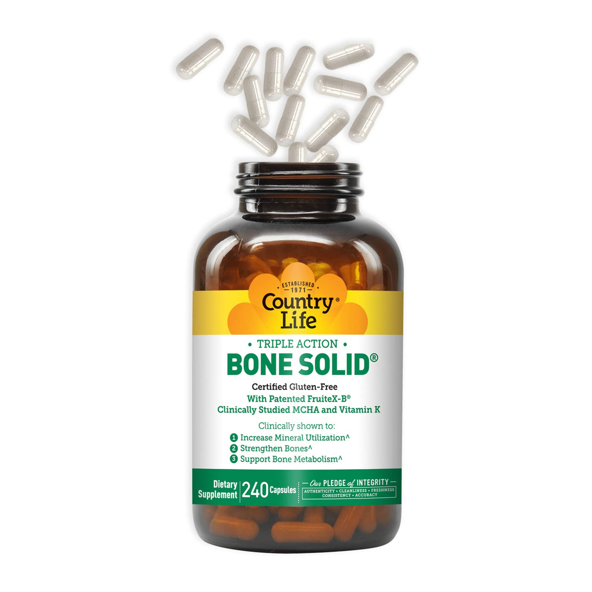 Country Life Bone Solid - Bone Health Supplement with Microcrystalline Hydroxyapatite (MCHA), Calcium, Magnesium, Zinc, Vitamins K2 & D3 for Enhanced Bone Strength & Metabolism - 240 Capsules