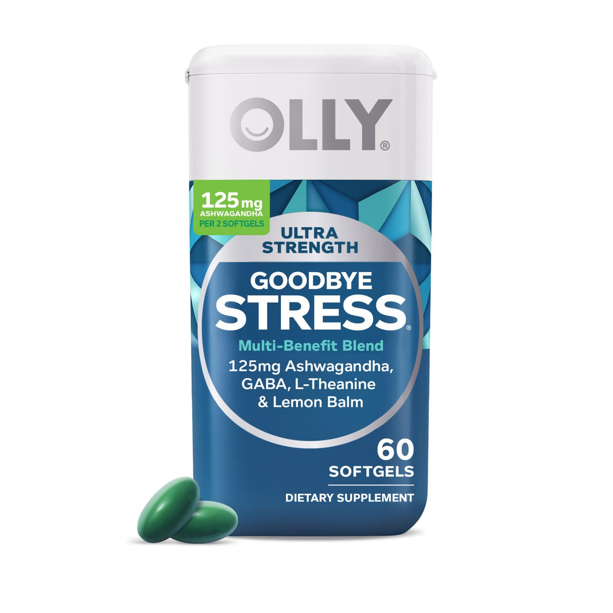 OLLY Ultra Strength Goodbye Stress Softgels, GABA, Ashwagandha, L-Theanine and Lemon Balm, Stress Relief Supplement - 60 Count