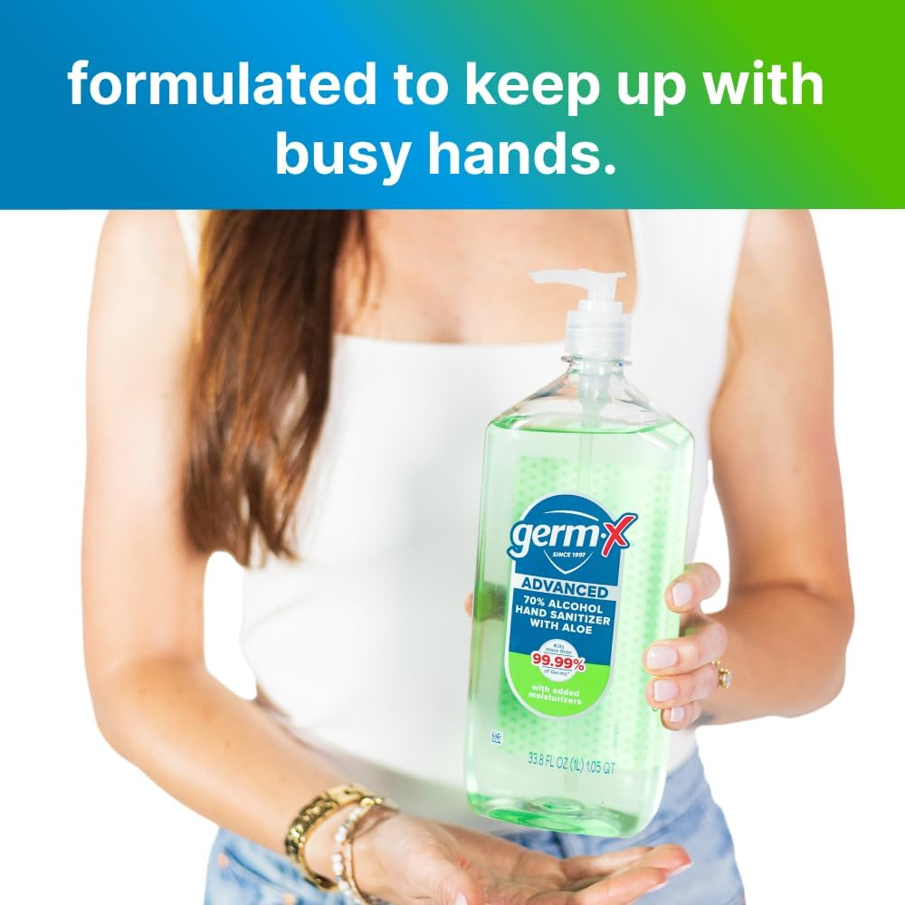 Germ-X Advanced Hand Sanitizer with Aloe and Vitamin E, 1 Liter (Pack of 4), Less Drying Moisturizing Gel, No Rinse Formula, Pump Bottle