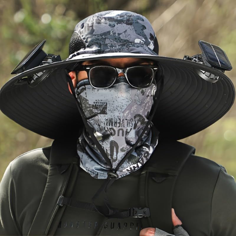 Outdoor Wide Brim Sun Hat with 2 Solar Fan Sun Bucket Hat for Men Women UPF 50+ Bucket Fishing & Beach Hat with Fan Built in(Gray)