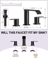 Matte Black Waterfall Bathroom Faucet for Sink 3 Hole 8 Inch Widespread Bathroom Sink Faucets with Pop-up Drain Supply Lines Stainless Steel 2-Handle Bathroom Sink Faucet for Bath Vanity Homevacious