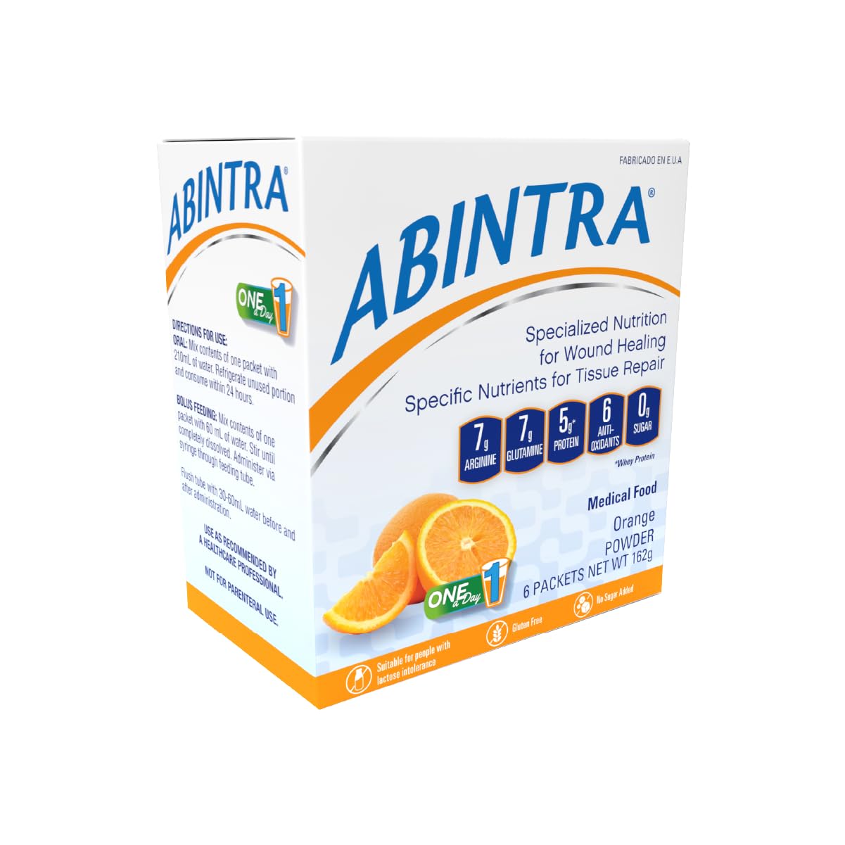 ABINTRA Specialized Wound Healing Nutritional Supplement includes L-Arginine, L-Glutamine, Whey Protein, Vitamins and Minerals, Orange Flavor, 6 Packets, 27g Each, Made in The USA