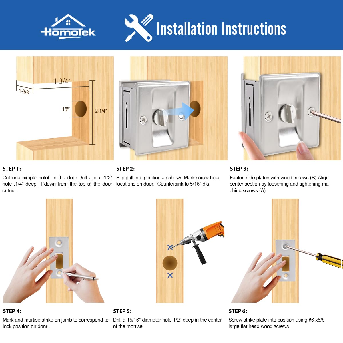 HOMOTEK 4 Pack Privacy Pocket Door Lock Hardware with Pull Pocket & Bi-Fold Door Hardware- Replace Old Or Damaged Sliding Door Locks, 2-3/4”x2-1/2”, for 1-3/8” Thickness Door, Brushed Nickel