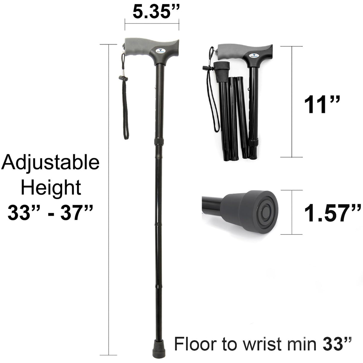 FSA/HSA Eligible, Vaunn Medical Easy Grip Height Adjustable Folding Cane/Walking Stick with Strap/Pouch- Compact, Portable, and Safe Walking Assistant- Non-Slip Grip Handle- Men, Women, Elderly