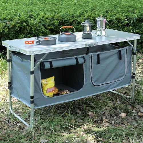 Camping Table, Folding Camping Table with Storage, Portable Kitchen Table, Lightweight, 3 Heights Adjustable Camping Furniture for BBQ, Picnic, Camping, Hiking, Beach, and Indoor