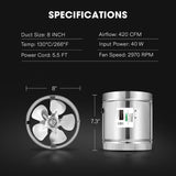 VIVOSUN 8" Metal Inline Fan 420 CFM, Exhaust Fan for Home Ventilation