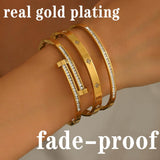 Xigocorsn Gold Bangles Bangle Bracelets Set for Women, genuine gold electroplating 3 Piece Elliptical Design with Cubic Zirconia Accents, 2.36 Inch Diameter, Waterproof Stainless Steel