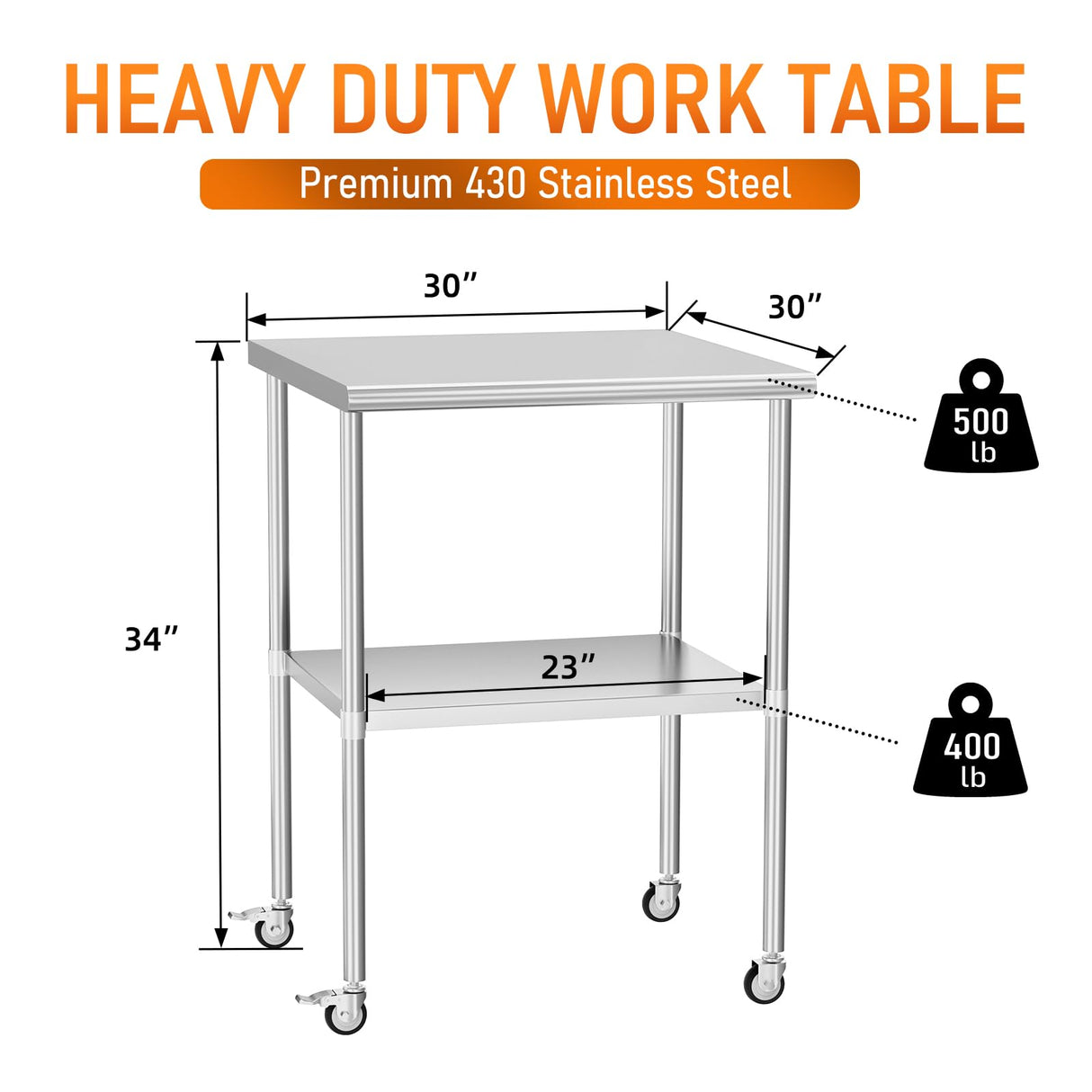HOCCOT Stainless Steel Table with Wheels 30" x 30" Utility Worktable with Adjustable Undershelf for Commercial Kitchen, Garage, Restaurant