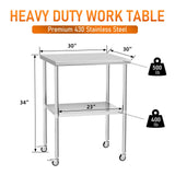HOCCOT Stainless Steel Table with Wheels 30" x 30" Utility Worktable with Adjustable Undershelf for Commercial Kitchen, Garage, Restaurant