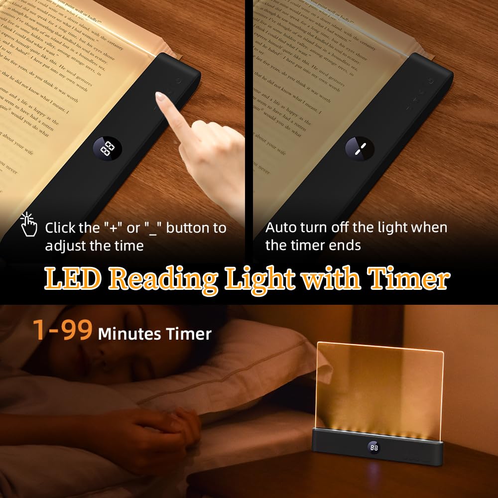 Book Light, Rechargeable Clear LED Flat Book Lights for Reading in Bed at Night with 3 Colors & Timer, Dimmable Panel Plate Book Lamp Full Page Light, Bookish Gifts for Women Readers Kids Book Lovers