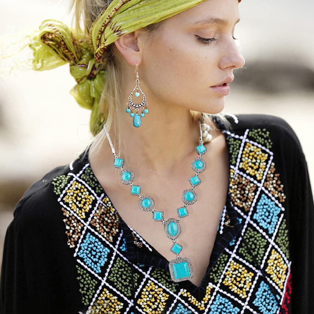 Bluegoog 3 Pieces Bohemian Turquoise Necklace for Women Western Jewelry Boho Necklace Set Vintage Pendant Long Choker Alloy Turquoise Dangle Earrings Layered Bracelets
