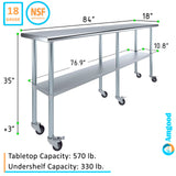 AmGood 18 in. x 84 in. Stainless Steel Work Table with Wheels | Metal Kitchen Food Prep Table | NSF