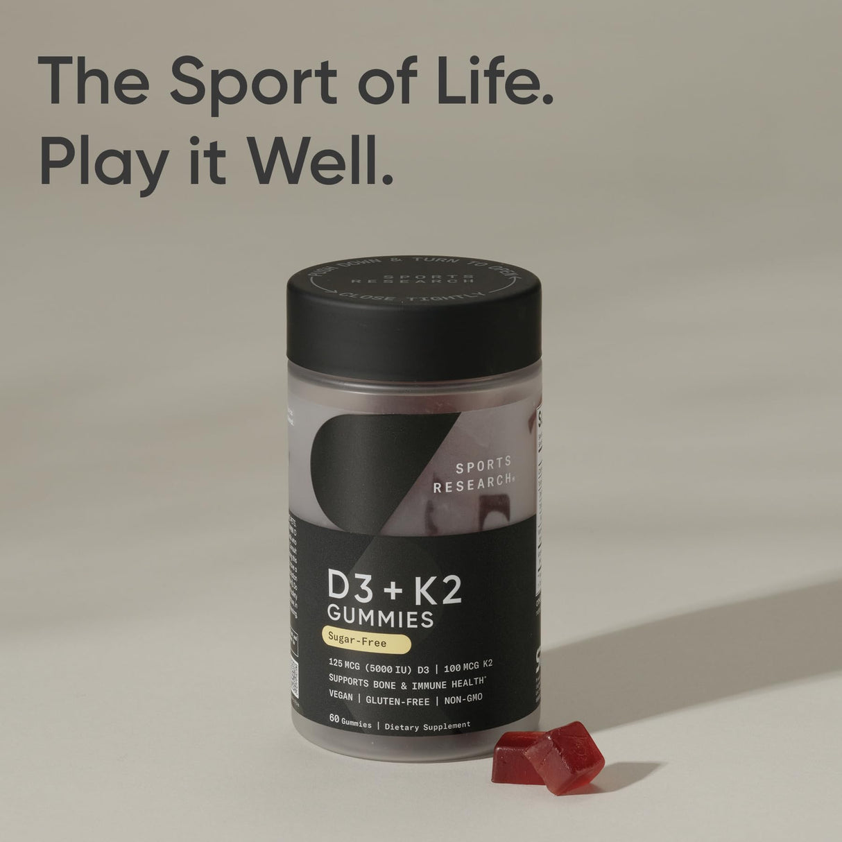 Sports Research® Vegan Vitamin D3 + K2 Gummy Supplements - 5000iu Vitamin D with 100mcg Mk7 Vitamin K - Supports Calcium for Stronger Bones & Immune Health - 60 Gummies for Adults, 1 Month Supply