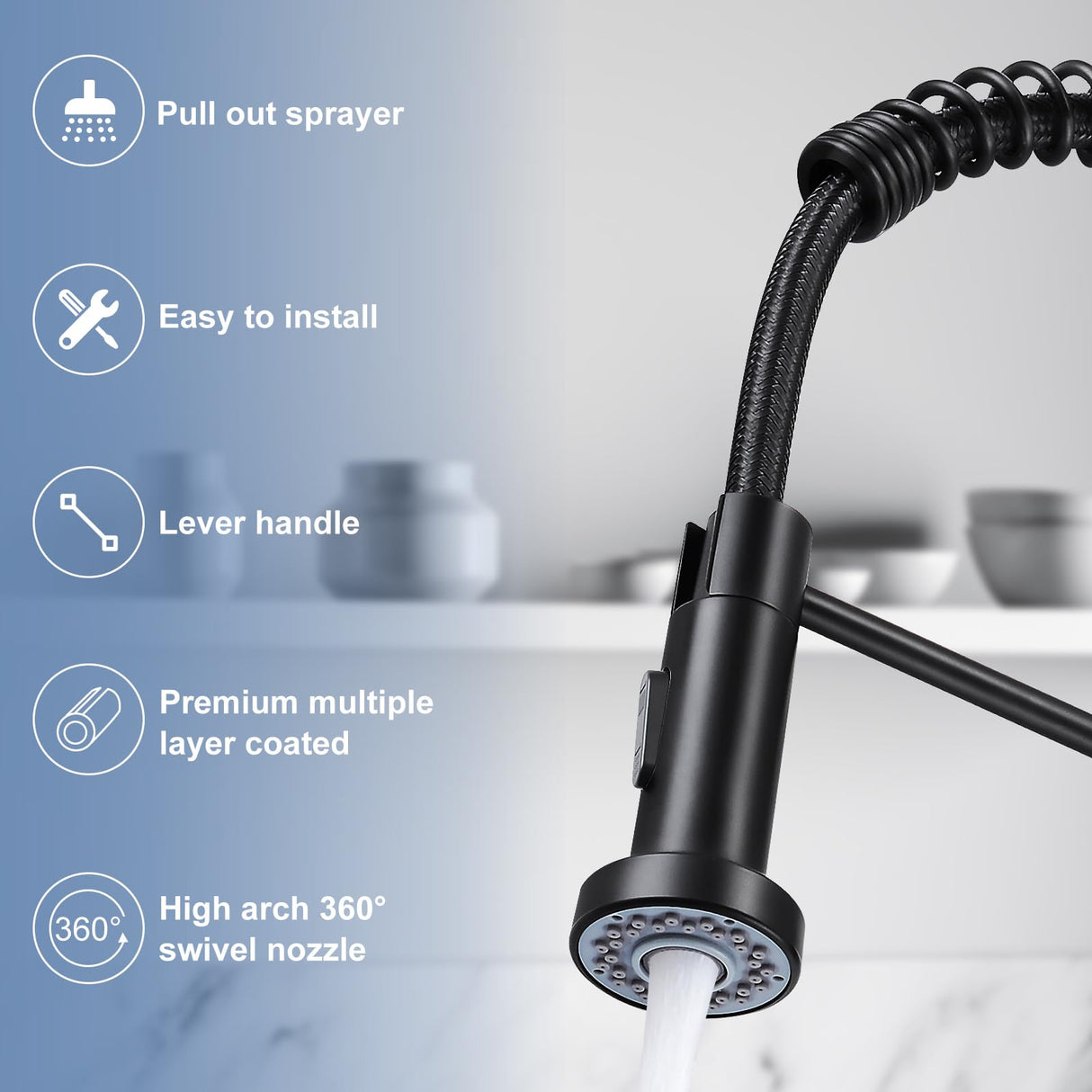 DJS Kitchen Faucets with Pull Down Sprayer Single Handle 1 or 3 Holes Spring Kitchen Sink Faucet with Deck Plate for Farmhouse RV Vessel Basin (Matte Black)