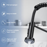 DJS Kitchen Faucets with Pull Down Sprayer Single Handle 1 or 3 Holes Spring Kitchen Sink Faucet with Deck Plate for Farmhouse RV Vessel Basin (Matte Black)