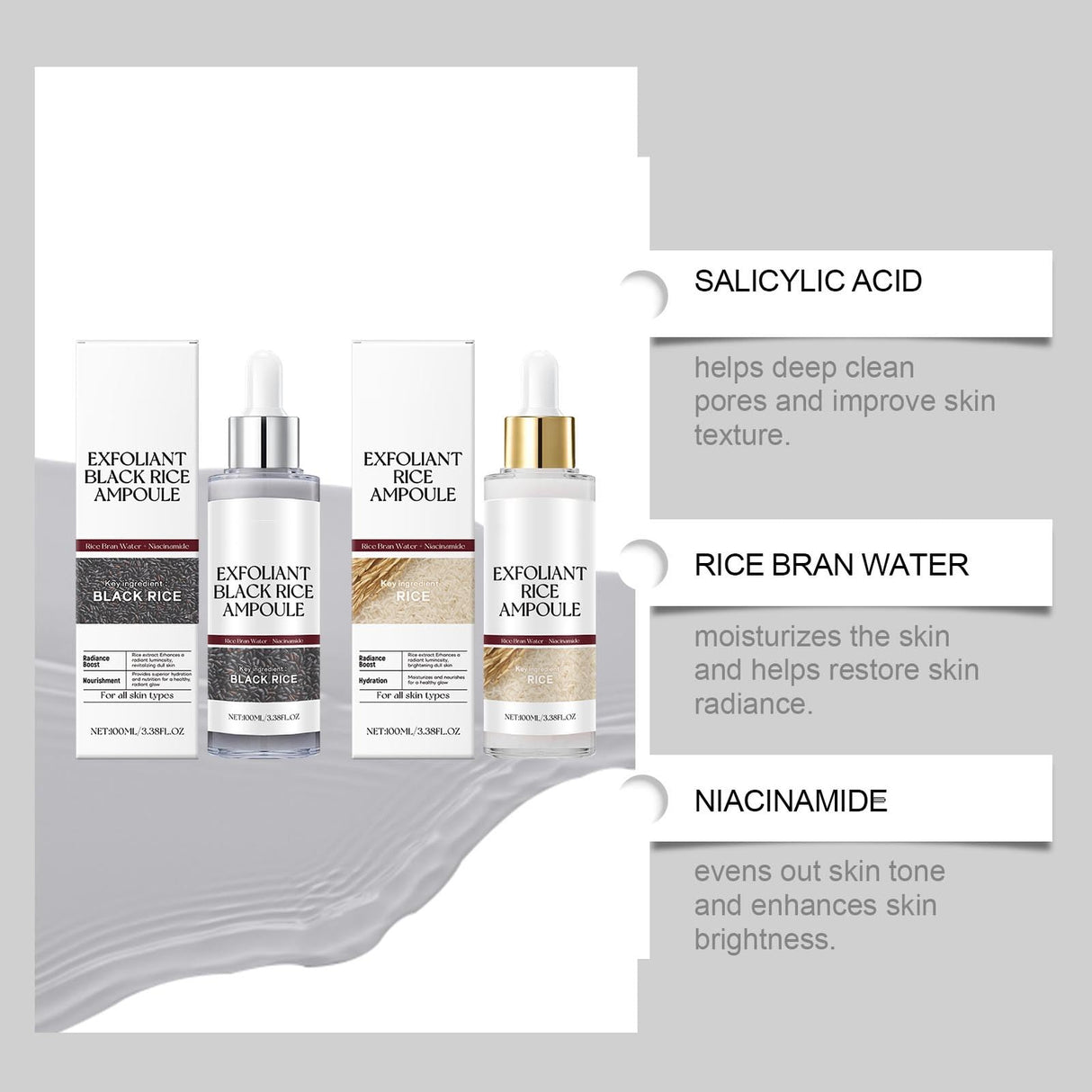 2Pcs Black and White Rice Exfoliant, Rice Ampoule Duo White Rice Ampoule Black Rice Exfoliating Peeling Solution, Moisturizing & Pore Minimizer for Face (Black & White Rice Exfoliant)