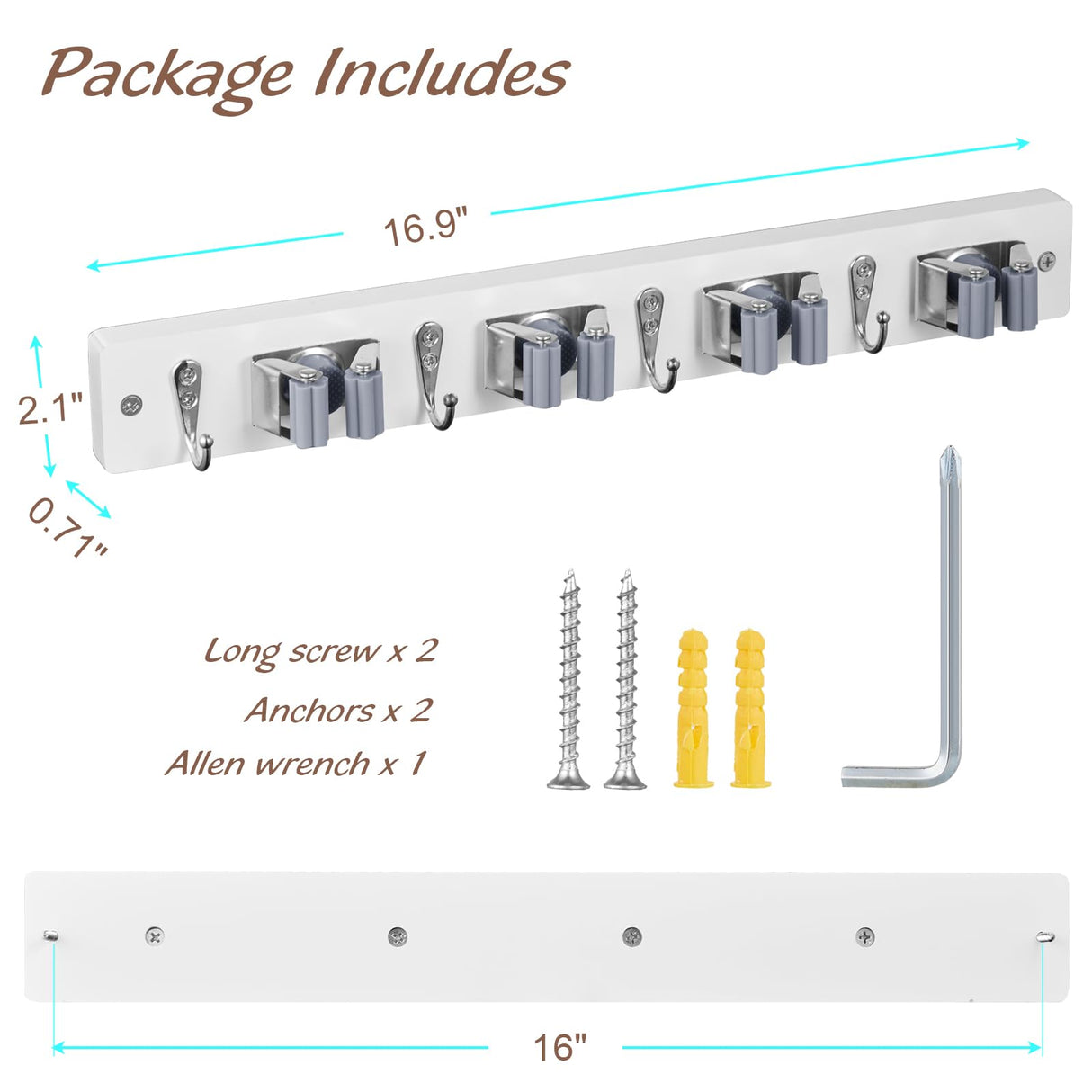 OUTNILI White Mop Broom Holder Wall Mount with 4 Slots & 4 Hooks - Wood Broom Mop Hanger for Pantry Closet Laundry Room Organization - Heavy Duty Garden Tool Organizer - White Kitchen Decor
