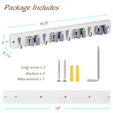 OUTNILI White Mop Broom Holder Wall Mount with 4 Slots & 4 Hooks - Wood Broom Mop Hanger for Pantry Closet Laundry Room Organization - Heavy Duty Garden Tool Organizer - White Kitchen Decor