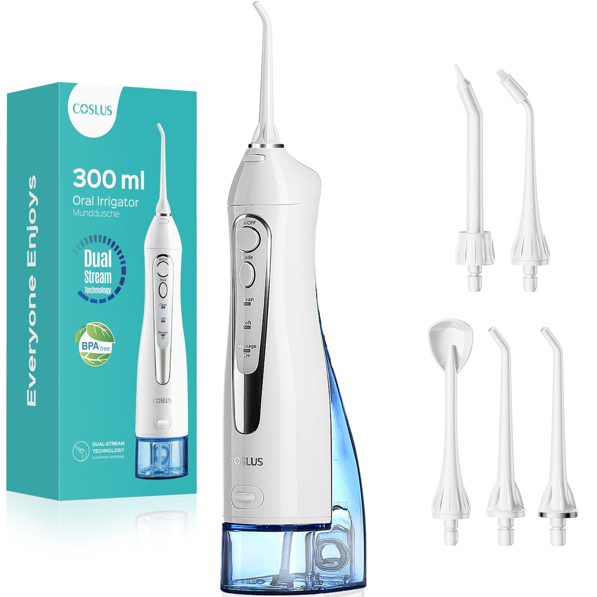 COSLUS Water Dental Flosser Teeth Pick: Portable Cordless Oral Irrigator 300ML Rechargeable Travel Irrigation Cleaner IPX7 Waterproof Electric Flossing Machine for Teeth Cleaning C20(F5020E) White