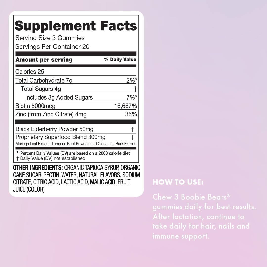 Boobie Bears Lactation Support Gummies | Helps As Milk Supply Booster & Supports Immune Health & Hair Growth | Breastfeeding Supplements with Zinc & Elderberry for Milk Supply Increase, 60 Count