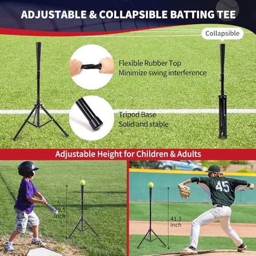 BAGAIL 7x7 ft Baseball & Softball Practice Net with Bow Frame for Batting, Hitting, Pitching, Portable Baseball Throwing Net with 2 Strike Zone Batting Tee, Carry Bag, Great for All Levels