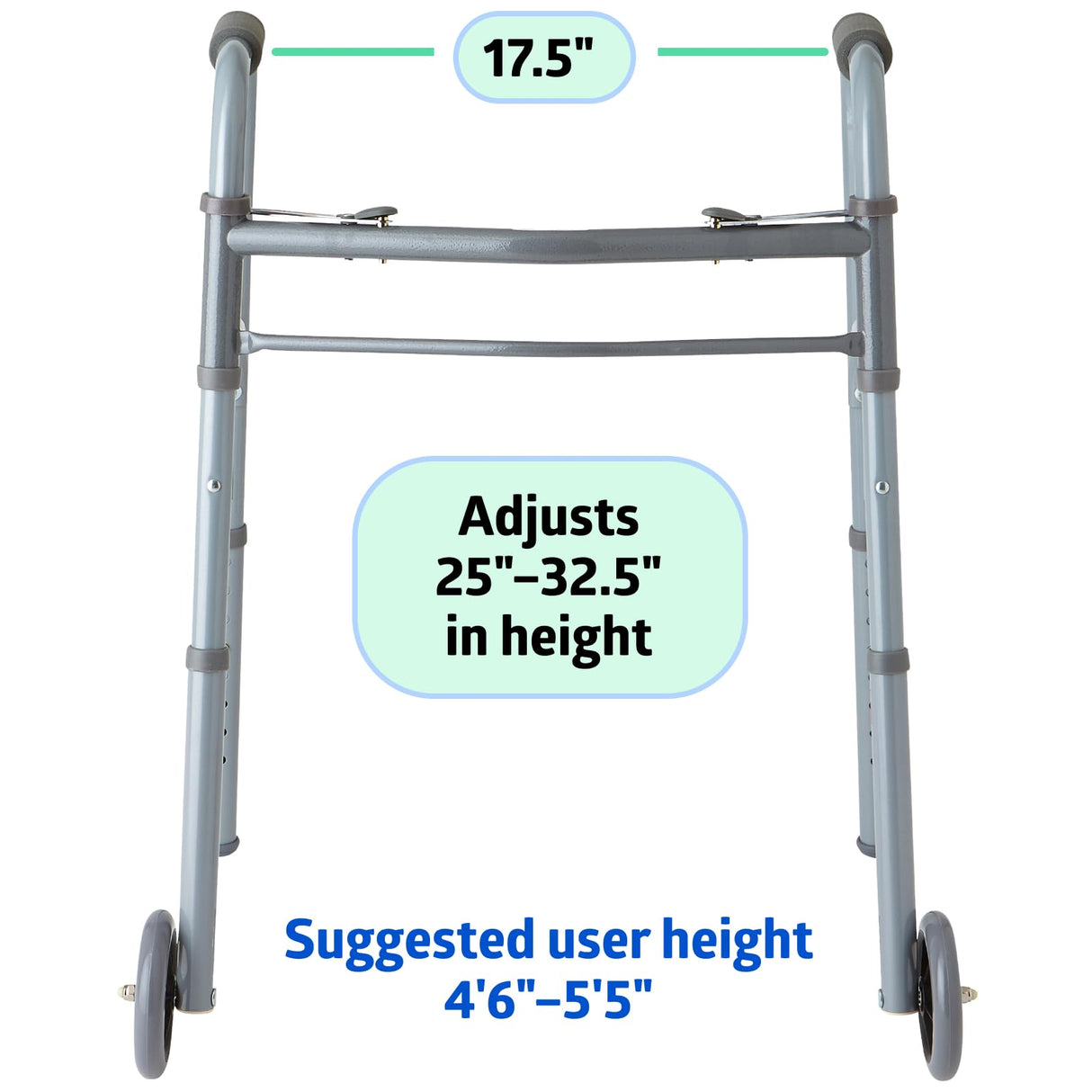 Medline Lightweight Junior/Lower Height Folding Walker with 5” Wheels