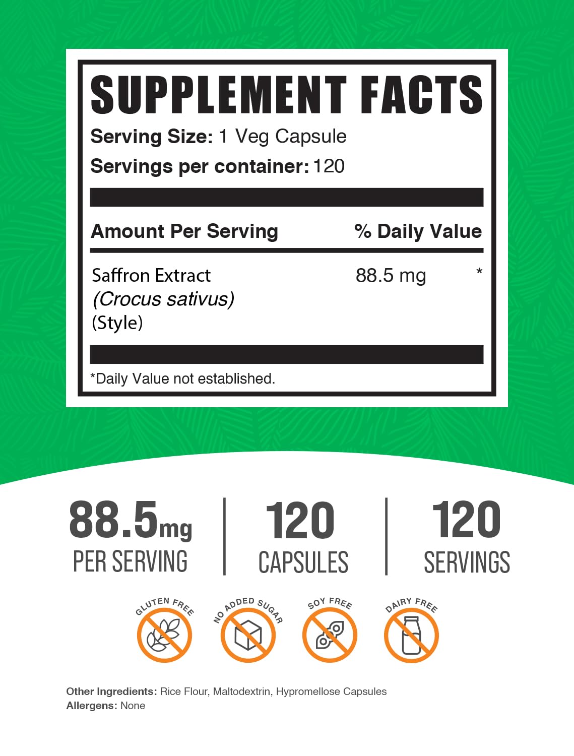 BulkSupplements.com Saffron Extract Capsules - Saffron Supplements, Saffron Extract 88.5mg - Vegan & Gluten Free - 1 Capsule per Serving, 120 Veg Capsules (Pack of 1)