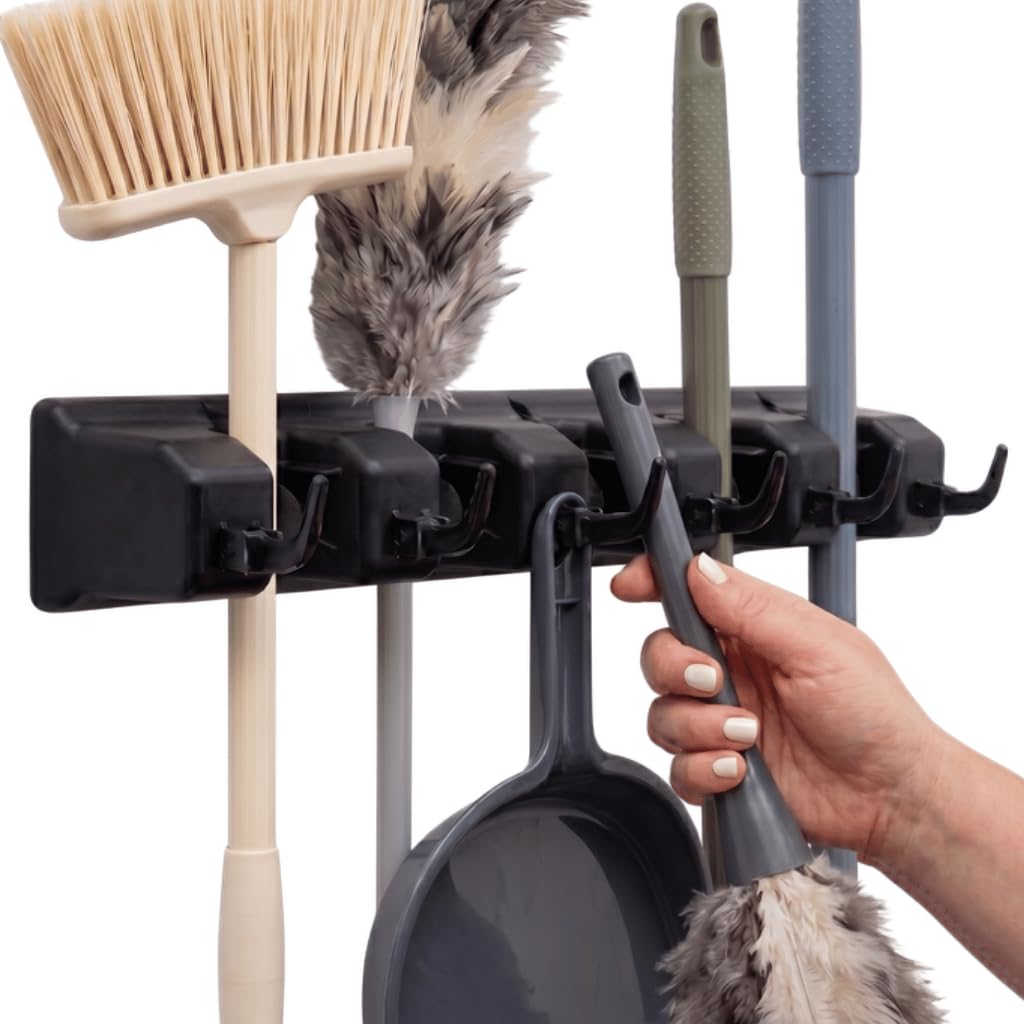 Berry Ave 5 Racks 6 Hooks Mop and Broom Holder Wall Mount, Broom Organizer Storage Tool Rack, Heavy Duty Wall Mount for Brooms and Mops, Utility Closet Garage Kitchen Laundry Organizer