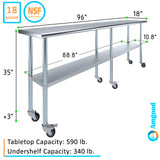 AmGood 18 in. x 96 in. Stainless Steel Work Table with Wheels | Metal Kitchen Food Prep Table | NSF